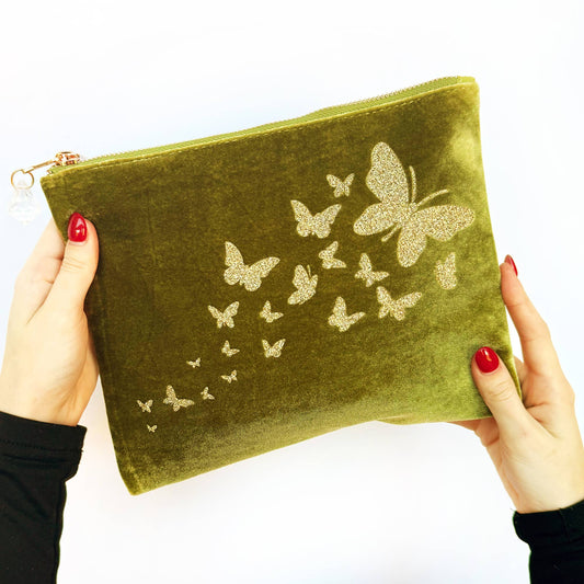 Trailing Butterflies Velvet Make Up Bag: Olive Green
