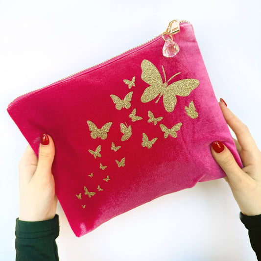Trailing Butterflies Velvet Make Up Bag: Hot Pink
