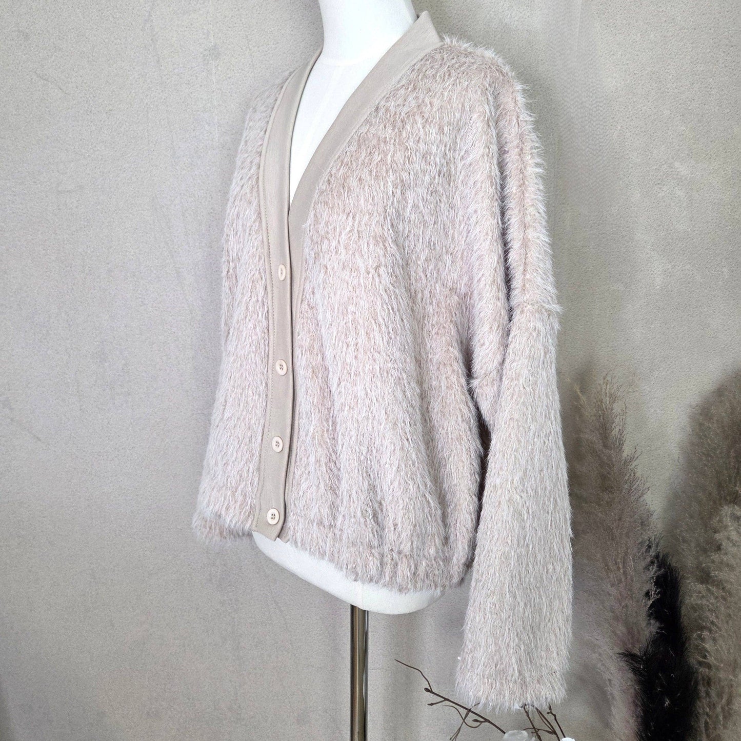 Stylish shaggy fabric jacket with scuba fabric trim (M-L): Beige