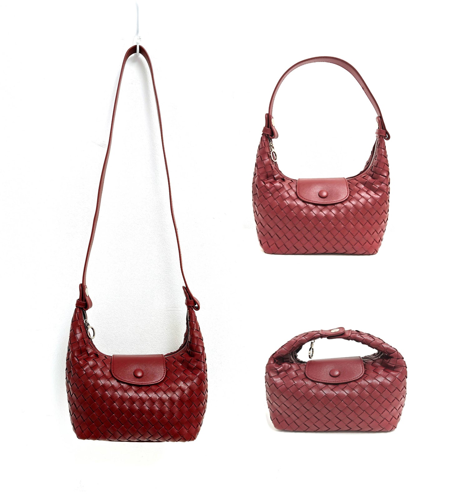 Handmade Woven Premium Pu Soft Small 3 Way Bag: wine colour