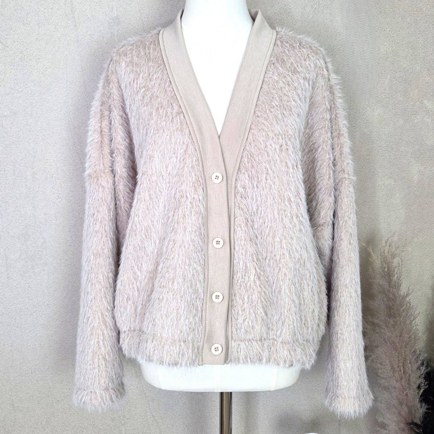Stylish shaggy fabric jacket with scuba fabric trim (M-L): Beige