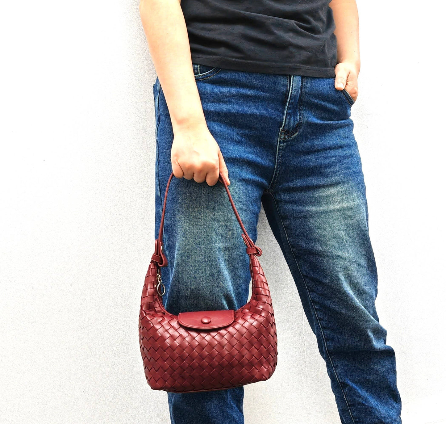Handmade Woven Premium Pu Soft Small 3 Way Bag: wine colour