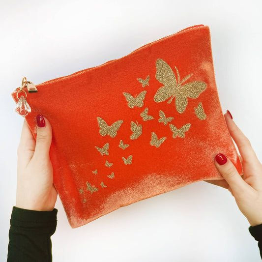 Trailing Butterflies Velvet Make Up Bag: Tangerine