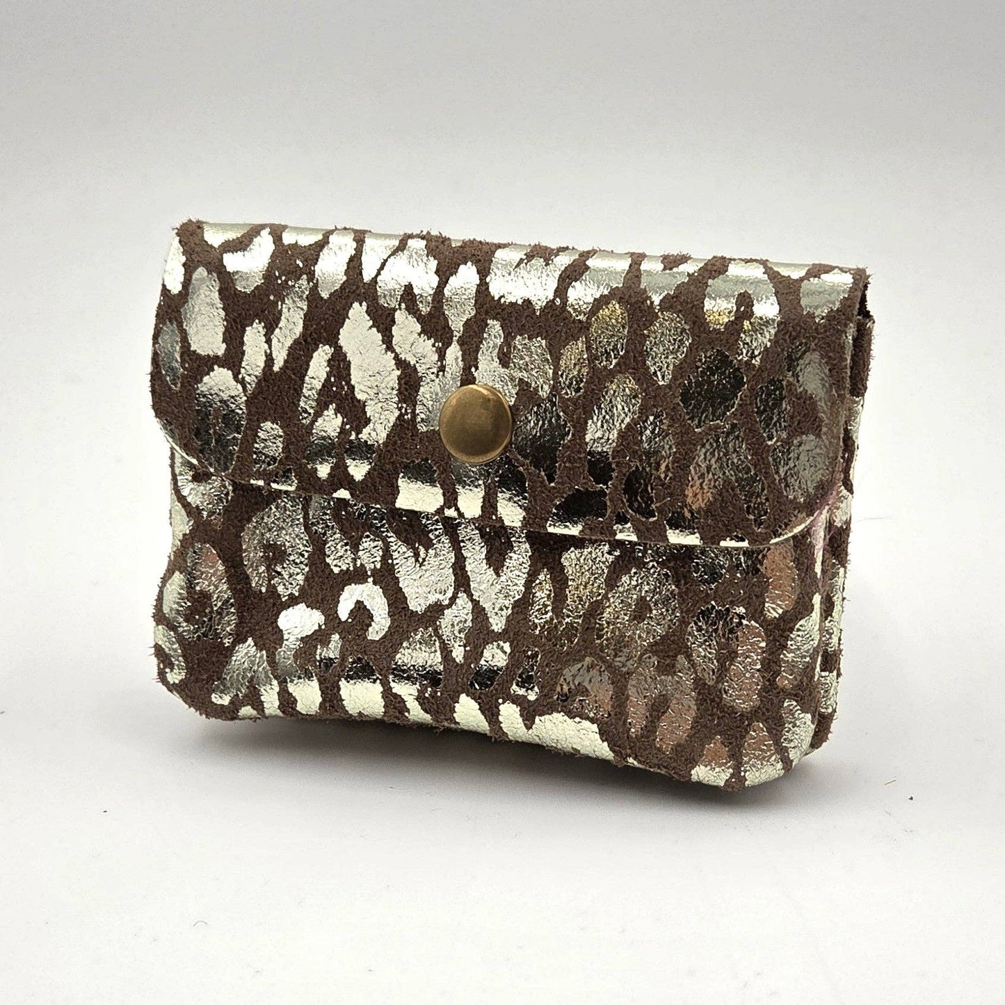 Mini animal print foil suede coin and card purse with zip: Khaki