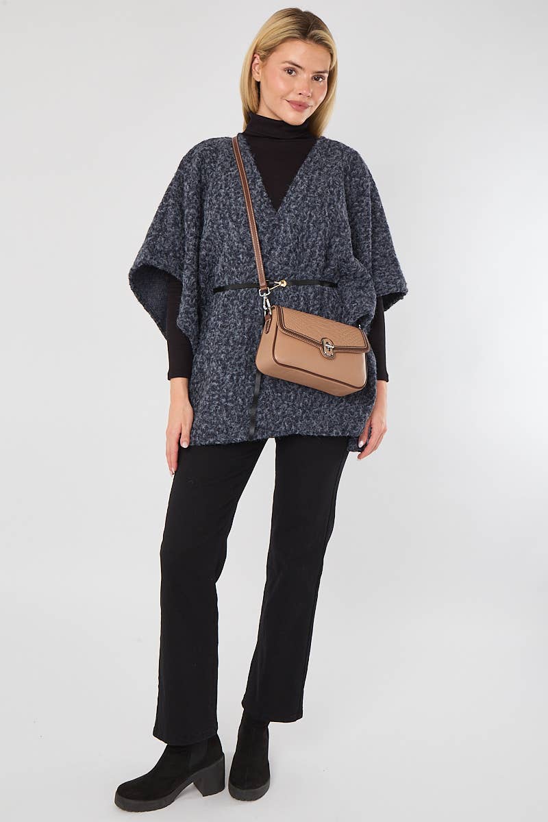 Genuine Leather Two-toned Croc Print Clasp Opening Satchel : Black