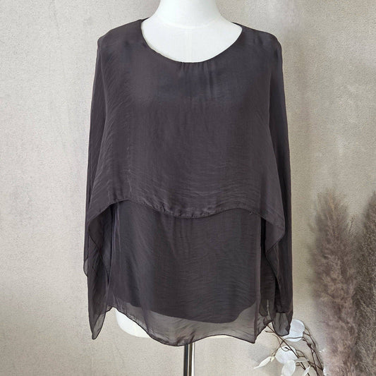 Silk blend boxy layered top with open sleeve detail (M): Chocolate