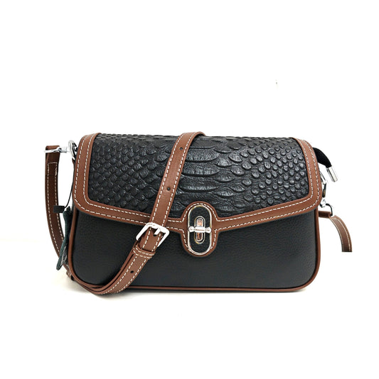 Genuine Leather Two-toned Croc Print Clasp Opening Satchel : Black