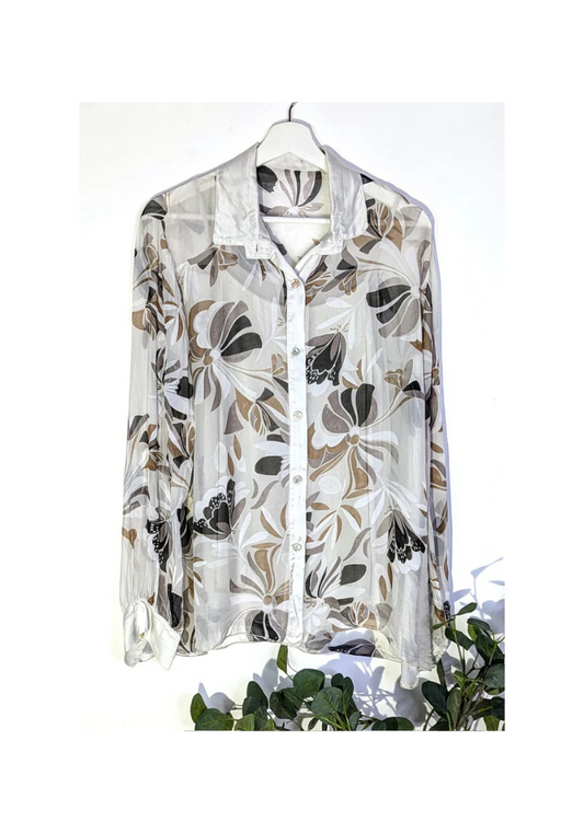 Silk Blend Flower and Butterfly Digital Print Shirt