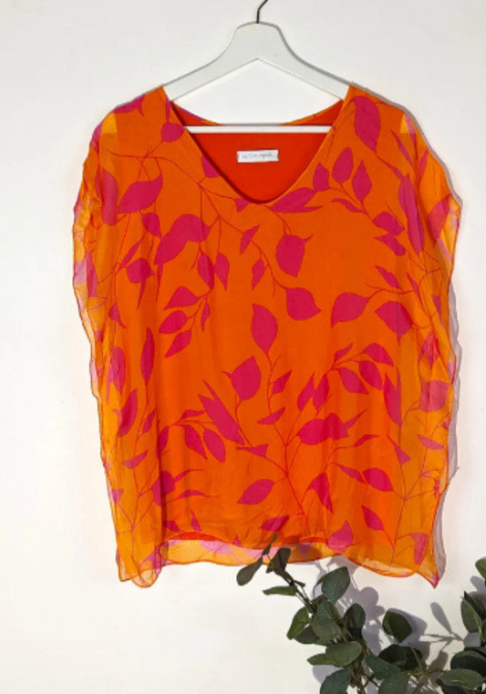 Boxy Silk Digital Leaf Print Top