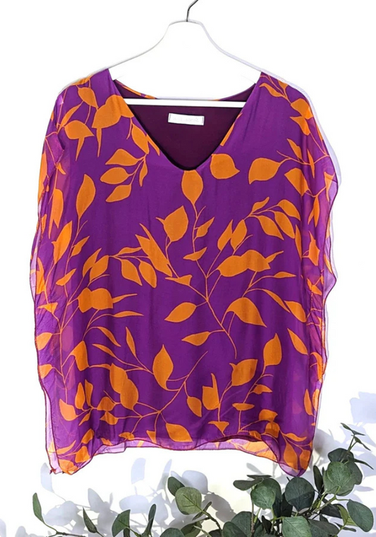 Boxy Silk Digital Leaf Print Top