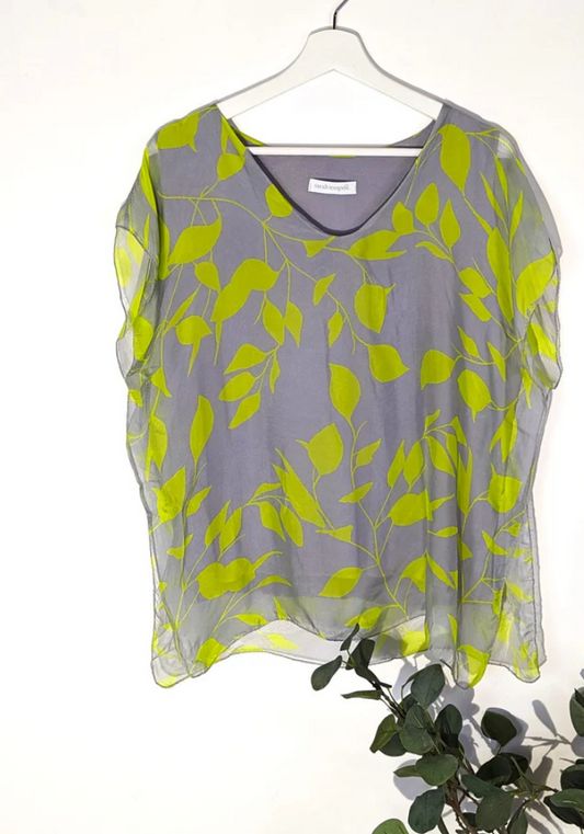 Boxy Silk Digital Leaf Print Top
