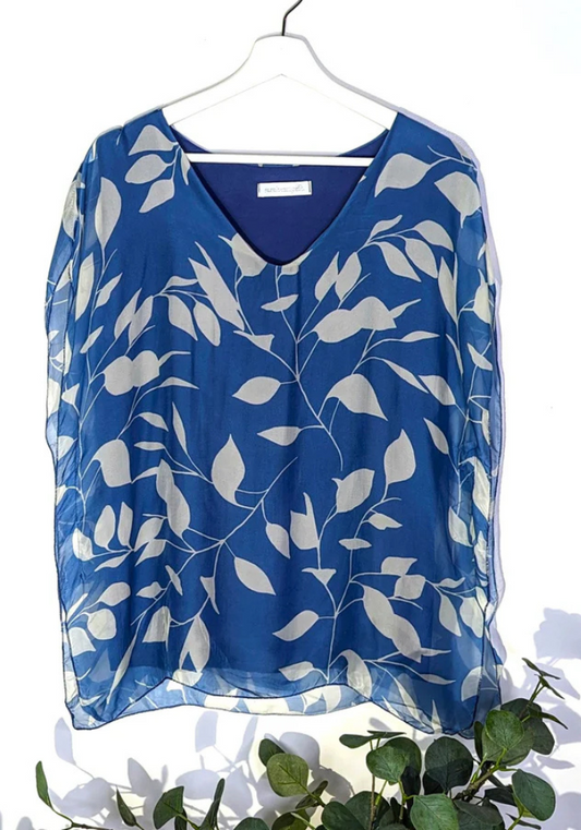Boxy Silk Top With Contrast Digital Leaf Print