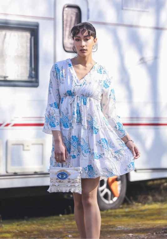 Cluster Flower Print Tiered Metallic Stripe Dress