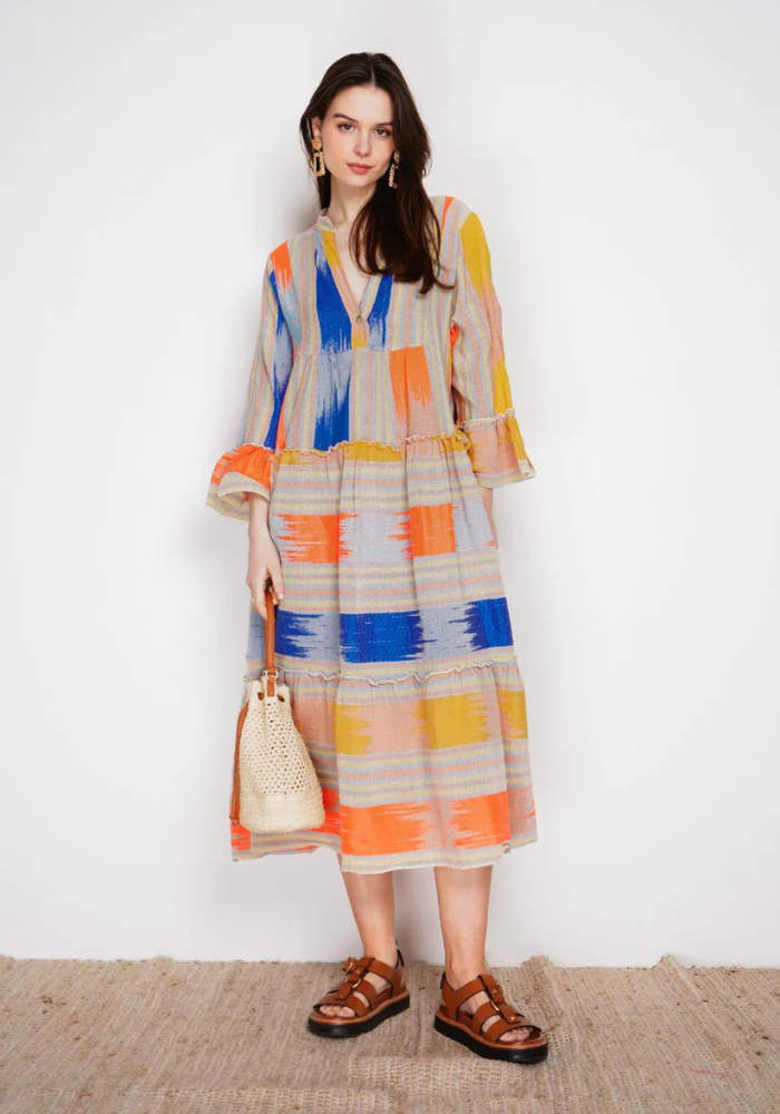 Aztec Print Bell Sleeve Tiered Maxi Dress