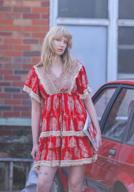 Red Paisley Print Lace Embroidered V Neck Dress