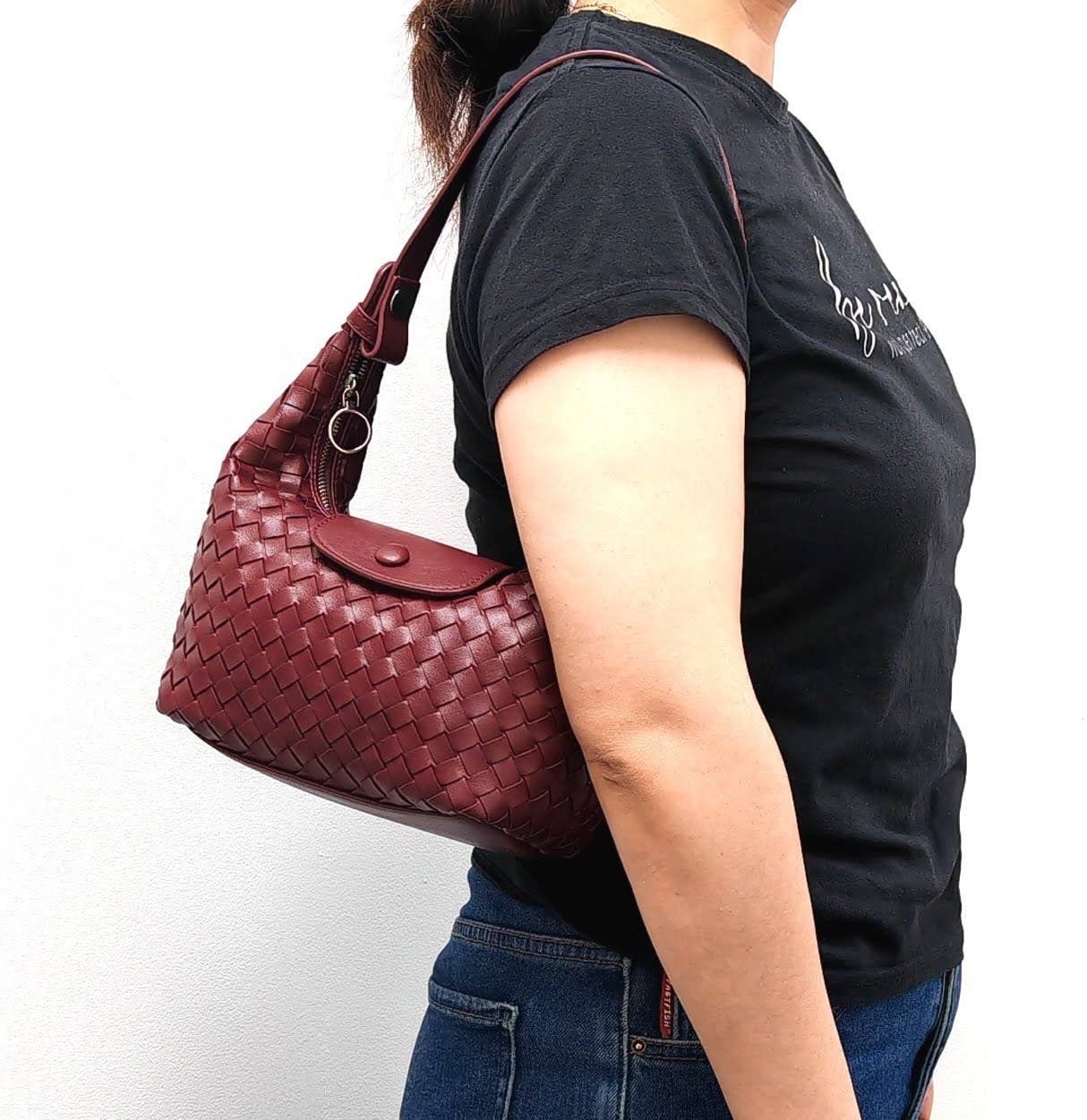 Handmade Woven Premium Pu Soft Small 3 Way Bag: wine colour