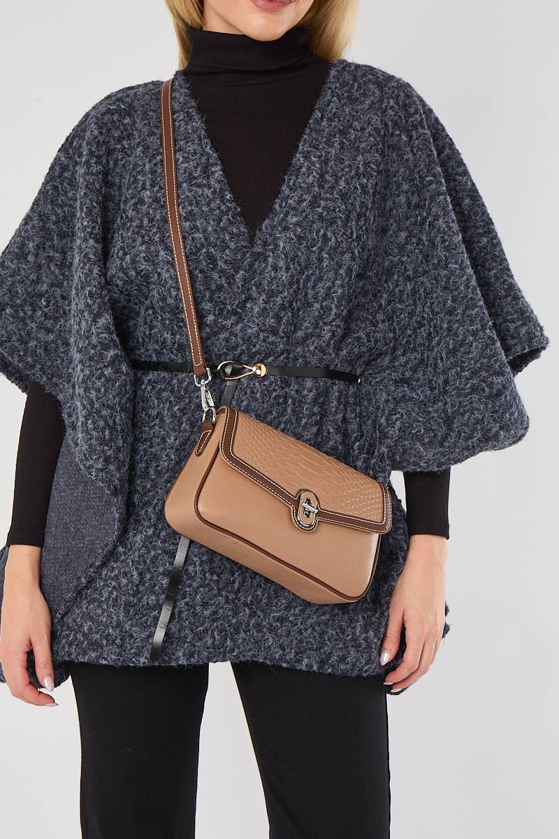 Genuine Leather Two-toned Croc Print Clasp Opening Satchel : Black