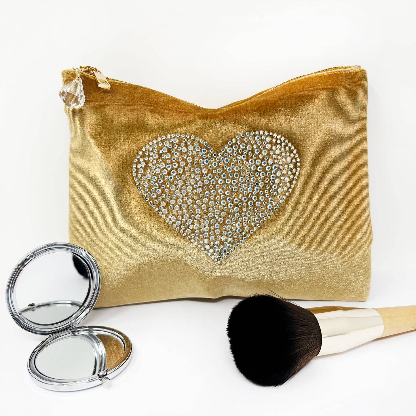 Velvet Rhinestone heart make up bag: Burnished Gold
