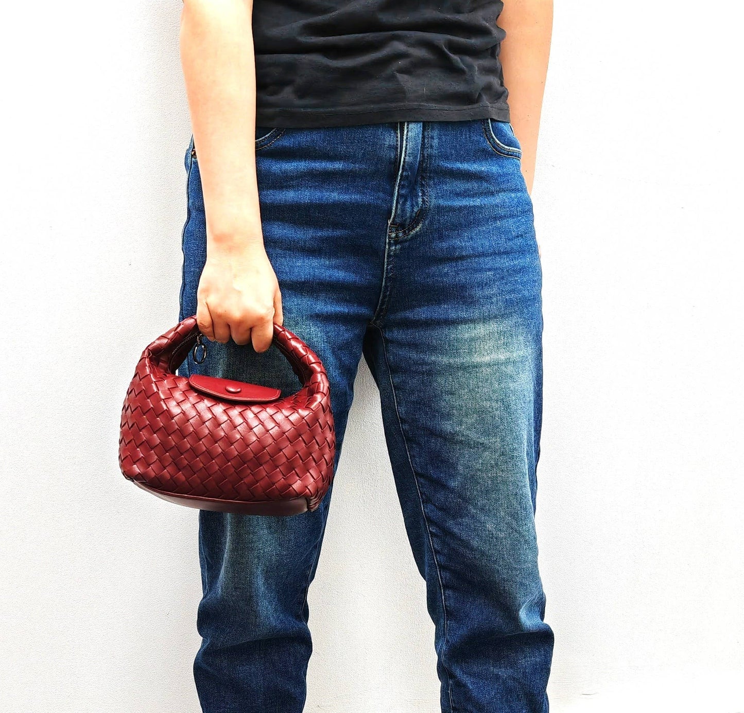 Handmade Woven Premium Pu Soft Small 3 Way Bag: wine colour